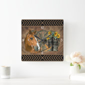 ウエスタンホースカウボーイブーツカウボーイハットワゴンホイール スクエア壁時計 (ホーム)