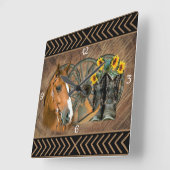 ウエスタンホースカウボーイブーツカウボーイハットワゴンホイール スクエア壁時計 (傾斜)