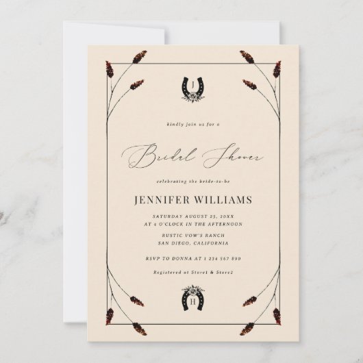 ウエスタンボホーホースシューモノグラムブライダルシャワー 招待状 (正面)