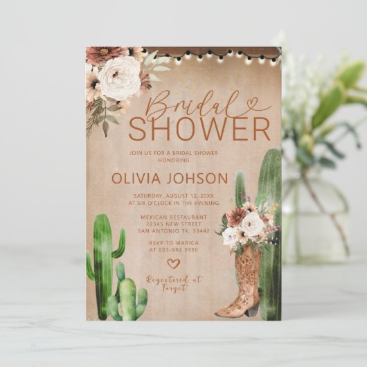 ウエスタンボホ女性のカーボーイブーツサボスブライダルシャワー 招待状 (スタンド正面)