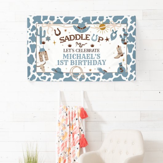 ウエスタンボーイファーストロデオブルー誕生日バナー 横断幕 (インサイチュ)