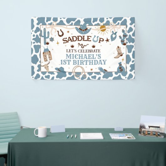 ウエスタンボーイファーストロデオブルー誕生日バナー 横断幕 (トレードショー)