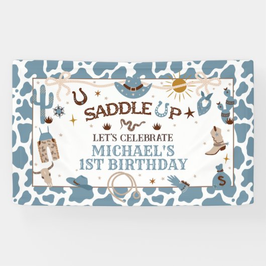 ウエスタンボーイファーストロデオブルー誕生日バナー 横断幕 (横)