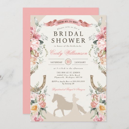 ウエスタンランチピンクフローラカントリーブライダルシャワー 招待状 (正面/裏面)