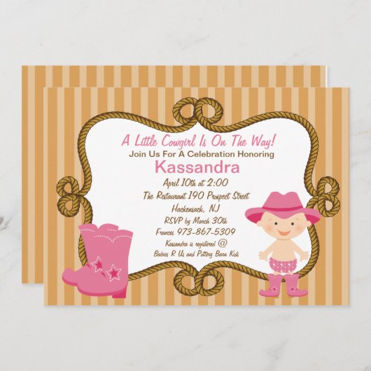 ウエスタンリトル女性のカーボーイベビーシャワー招待状 招待状 (正面/裏面)