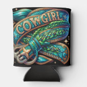 ウエスタンレザープリントターコイズブレイド女性のカーボーイ 缶クーラー (裏面)