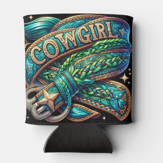 ウエスタンレザープリントターコイズブレイド女性のカーボーイ 缶クーラー (裏面)