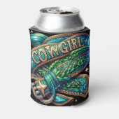 ウエスタンレザープリントターコイズブレイド女性のカーボーイ 缶クーラー (缶裏面)