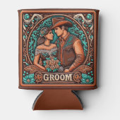 ウエスタンレザープリント結婚ズグルーミング名前をカスタムする 缶クーラー (正面)