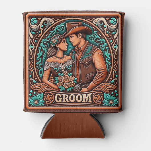 ウエスタンレザープリント結婚ズグルーミング名前をカスタムする 缶クーラー (正面)