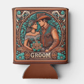 ウエスタンレザープリント結婚ズグルーミング名前をカスタムする 缶クーラー (裏面)