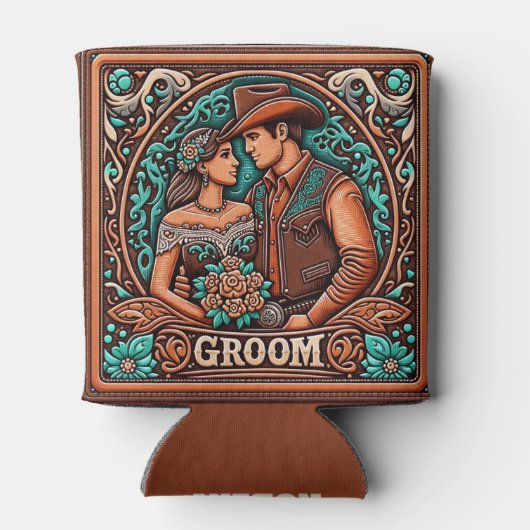 ウエスタンレザープリント結婚ズグルーミング名前をカスタムする 缶クーラー (裏面)