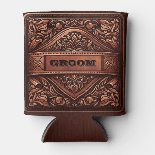 ウエスタンレザープリント結婚ブラウンズグルーム 缶クーラー (正面)