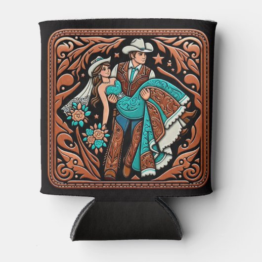 ウエスタンレザー結婚プリントの新郎新婦カスタム 缶クーラー (正面)