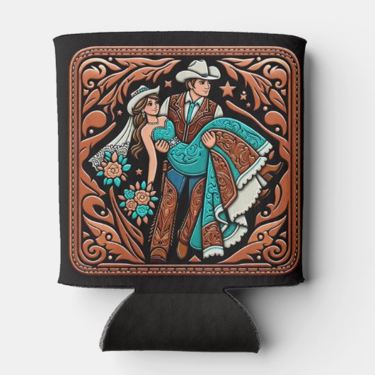 ウエスタンレザー結婚プリントの新郎新婦カスタム 缶クーラー (裏面)