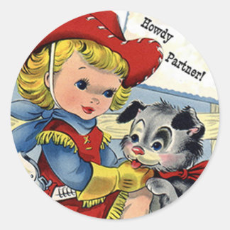 ウエスタンレトロリル'女性のカーボーイパピードッグおもしろいステッカー ラウンドシール