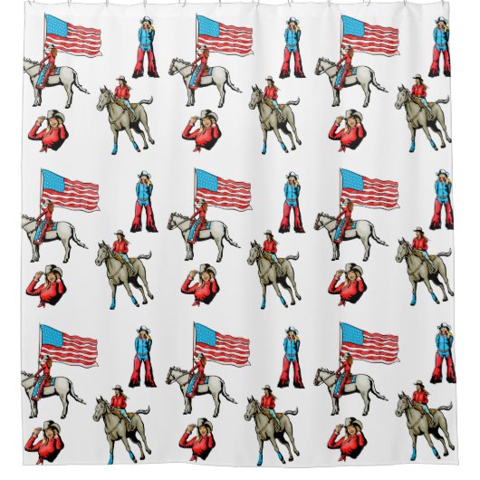 ウエスタンロデオ女性のカーボーイロデオクイーンオンホース シャワーカーテン (正面)