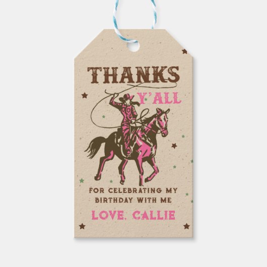 ウエスタンロデオ女性のカーボーイ誕生日サンキューユー ギフトタグ (正面)