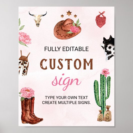 ウエスタンロデオ女性のカーボーイ誕生日パーティーテーブルサイン ポスター (正面)