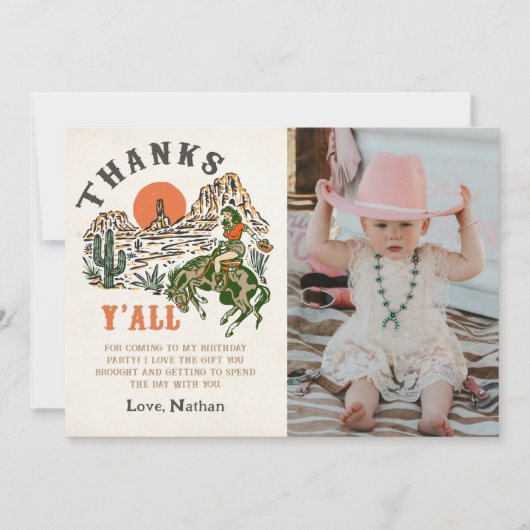 ウエスタンロデオ女性のカーボーイ誕生日写真 サンキューカード (正面)
