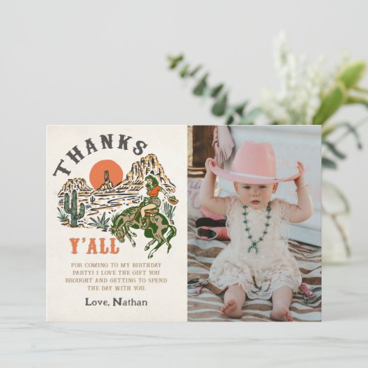 ウエスタンロデオ女性のカーボーイ誕生日写真 サンキューカード (スタンド正面)