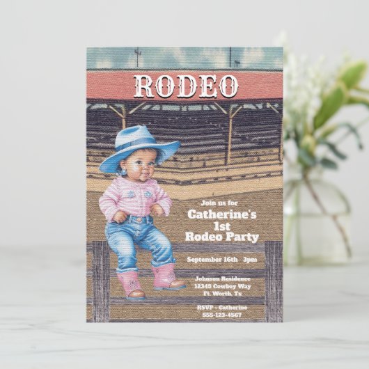 ウエスタンロデオ女性のカーボーイ1st誕生日 招待状 (スタンド正面)
