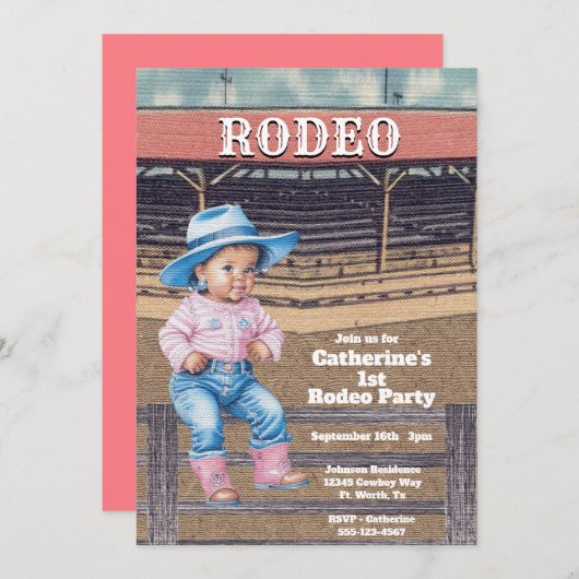 ウエスタンロデオ女性のカーボーイ1st誕生日 招待状 (正面/裏面)