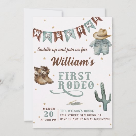 ウエスタンワイルドウエストファーストロデオカウボーイ誕生日 招待状 (正面)