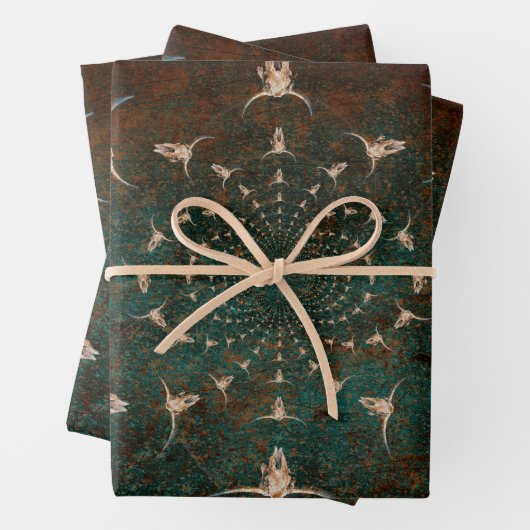 ウエスタンヴィンテージブラウンティール（緑がかった色）テクスチャブルスカル ラッピングペーパーシート (インサイチュ)