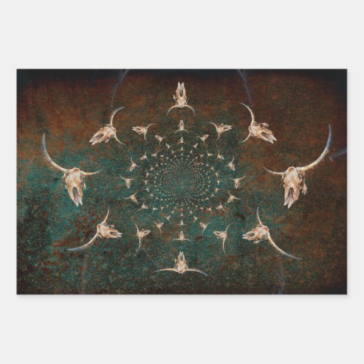 ウエスタンヴィンテージブラウンティール(緑がかった色)テクスチャブルスカル ラッピングペーパーシート (正面)