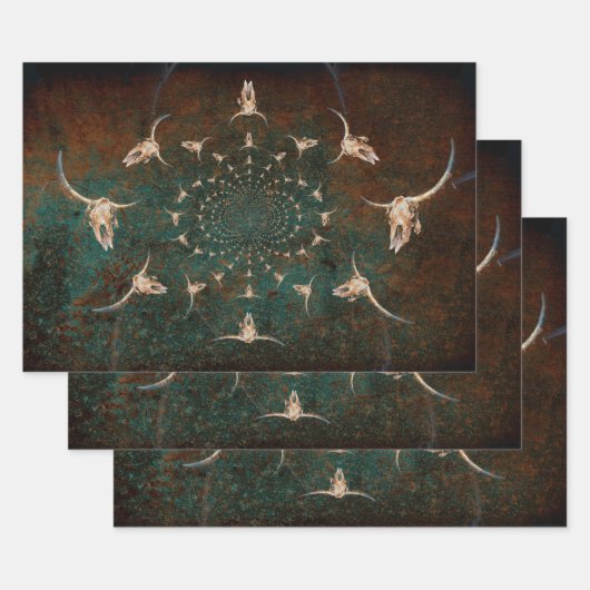 ウエスタンヴィンテージブラウンティール(緑がかった色)テクスチャブルスカル ラッピングペーパーシート (セット)