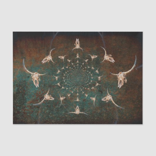 ウエスタンヴィンテージブラウンティール(緑がかった色)テクスチャブルスカル 薄葉紙 (正面)