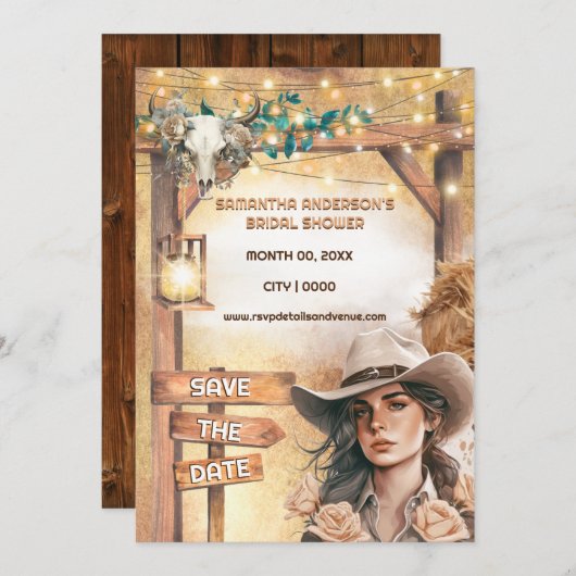 ウエスタン女性のカーボーイウォーターカラーバーライトブライダル 招待状 (正面/裏面)