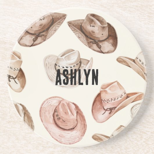 ウエスタン女性のカーボーイピンクブラウンハット コースター (正面)