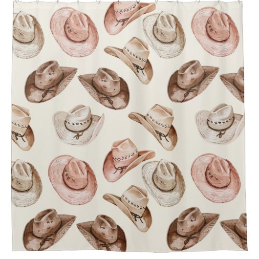 ウエスタン女性のカーボーイピンクブラウンハット シャワーカーテン (正面)