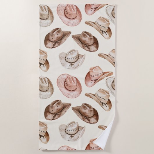 ウエスタン女性のカーボーイピンクブラウンハット ビーチタオル (正面)
