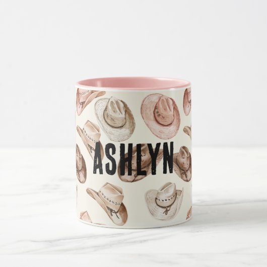 ウエスタン女性のカーボーイピンクブラウンハット マグカップ (中央)