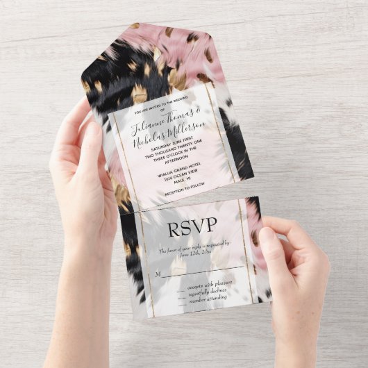 ウエスタン女性のカーボーイピンク白黒金ゴールド牛革 オールインワン招待状 (貼ってはがせる)