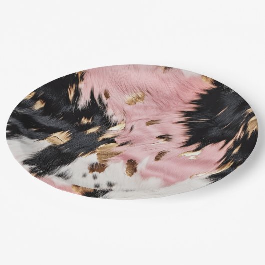 ウエスタン女性のカーボーイピンク白黒金ゴールド牛革 ペーパープレート (アングル)