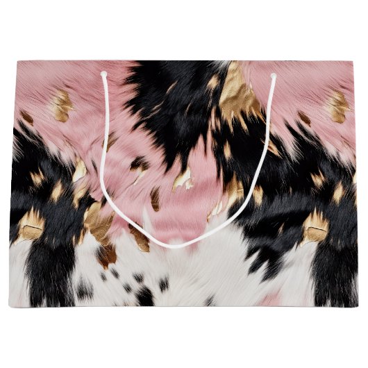 ウエスタン女性のカーボーイピンク白黒金ゴールド牛革 ラージペーパーバッグ (正面)