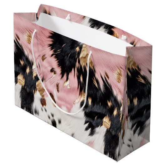 ウエスタン女性のカーボーイピンク白黒金ゴールド牛革 ラージペーパーバッグ (裏面アングル)