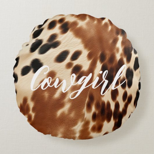 ウエスタン女性のカーボーイブラウンホワイトコウィド ラウンドクッション (正面)