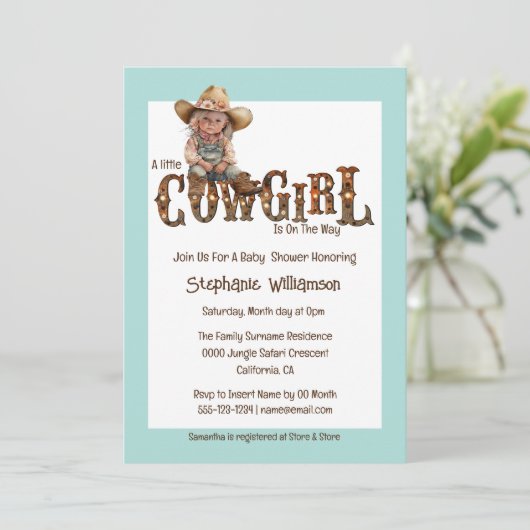 ウエスタン女性のカーボーイブルーブラウン素朴な女の子 招待状 (スタンド正面)