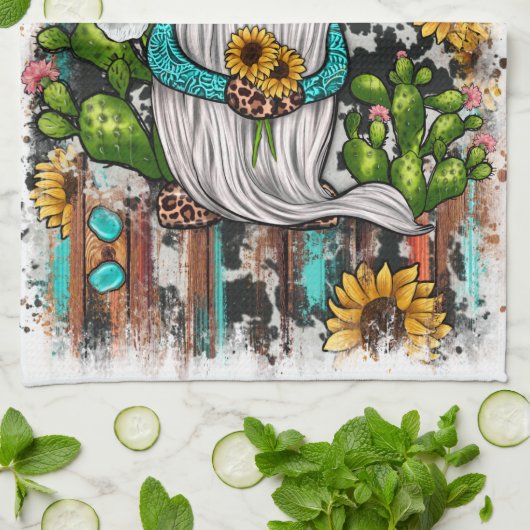 ウエスタン格言ひまわりターコイズストーンズ キッチンタオル (折り畳み)