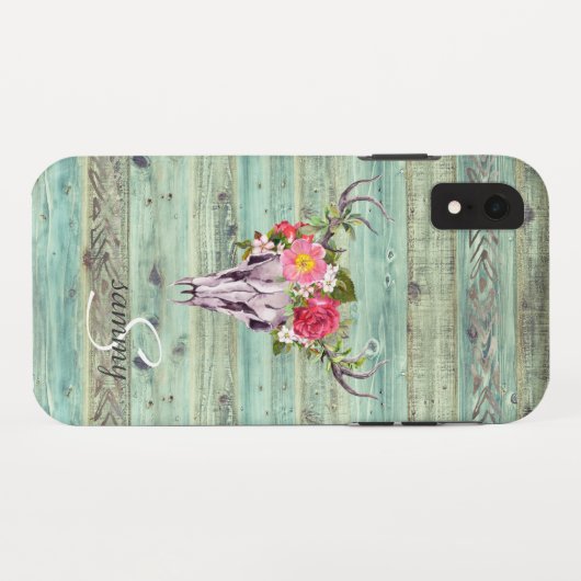 ウエスタン素朴ターコイズウッドディアスカルモノグラム Case-Mate iPhoneケース (裏面(横))