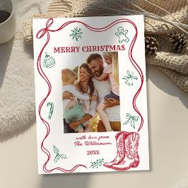 ウエスタン風手描きカウボーイブーツ クリスマスフォト シーズンカード