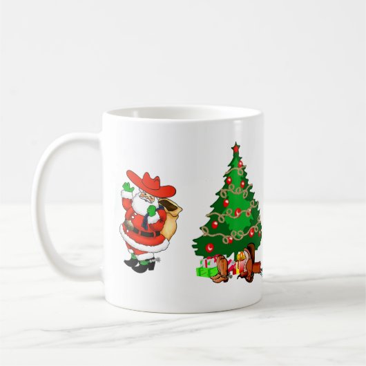 ウエスタン・クリスマスのカウボーイサンタとツリー コーヒーマグカップ (左)