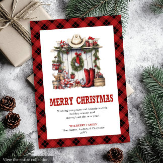 ウエスタン・バッファローのチェック柄の田舎風クリスマスグリーティングカード シーズンカード