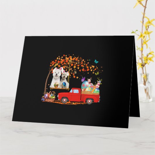 ウエスティーがウサギの耳をつけた赤いトラックと卵 カード (黄色い花)