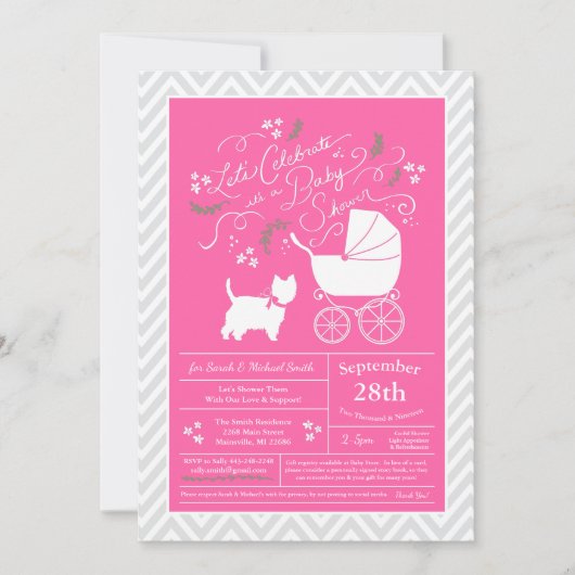 ウエストハイランドテリア犬ベビーシャワーピンクガール 招待状 (正面)